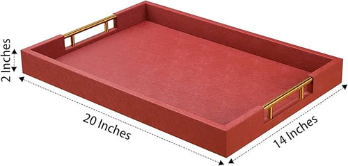 14x20 Inches Brown Faux Leather Wrapped Wood Serving Tray with Metal Handles for Various Occasions, Ottoman, Home Decor Decorative, Living Room, Coffee Table Organizer, Serving Breakfast On Bed