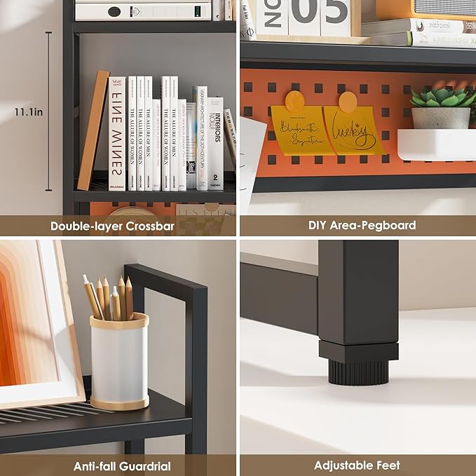 Desk Shelf, 35.43" Desk Hutch Bookshelf, Desktop Shelf with Pegboard for Computer Monitor, Metal Desktop Hutch Storage Organizer for Dorm Home Office, 2 Tier Bookcase, Black