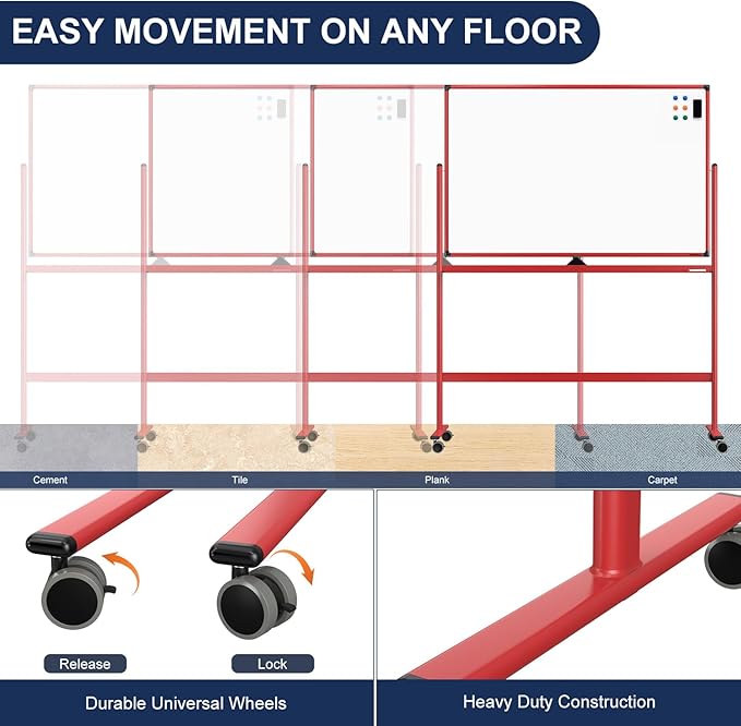 Large Dry-Erase Rolling Magnetic Whiteboard - 48 x 32 Inches Dry Erase Board with Stand Height Adjust Double Sides Mobile White Board Easel on Wheels with 25 Sheets Paper Pad Office, Home & Classroom