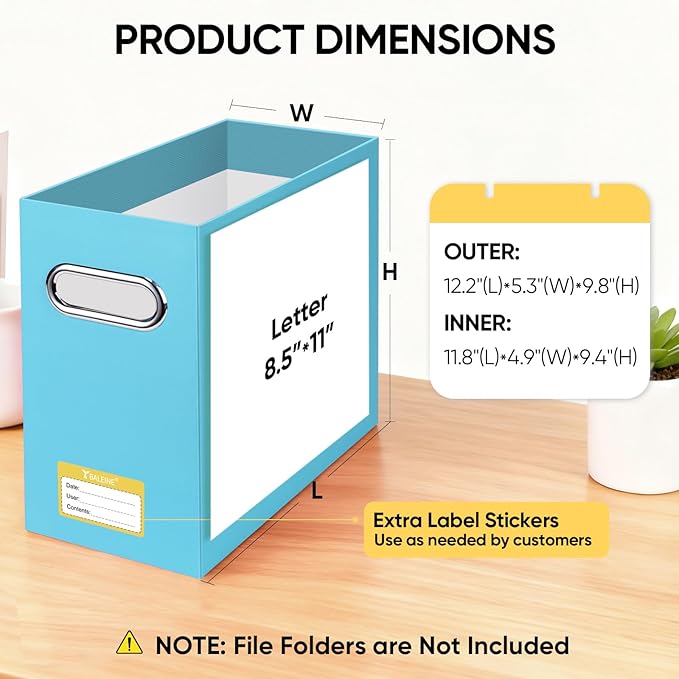 BALEINE File Organizer Box, Cardboard File Folder Organizer with Handle for Letter Size, Portable Collapsible Hanging Filing Box for Home Office Document Storage (4 Pack, Blue)