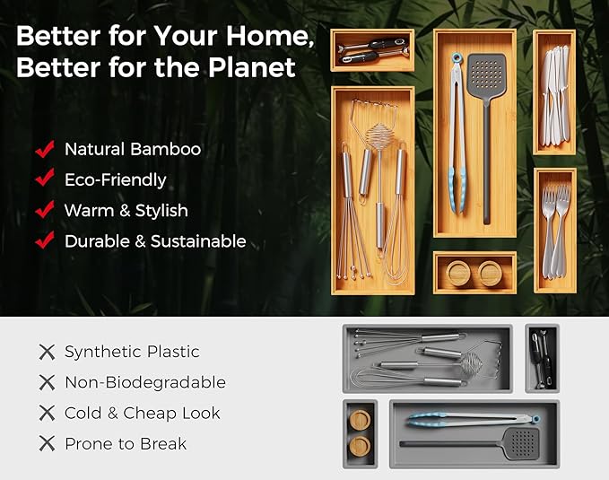 Long Bamboo Kitchen Drawer Organizer Boxes – 17" x 6" Stackable Wood Silverware Utensil Tray for Drawers Bins Cutlery & Flatware Storage – Wooden Pantry Organizers Set of 2 for Junk Drawer Bathroom Rv