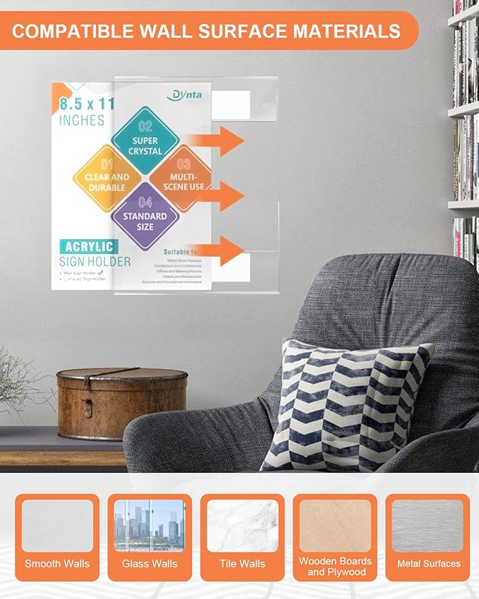 Dynta 12 Pack Acrylic Sign Holder 8.5 x 11 with Double Sided Adhesive Tape, Plastic Sign Holder Wall Mount, Memo Document Flyer Brochure Menu Holder for Display