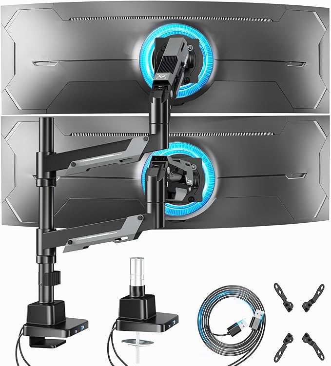 ARES WING Dual Monitor Mount, Adjustable Stacked Monitor Stand with USB A/C, Heavy Duty Gas Spring Monitor Desk Stand for 2 Monitors for 24-57 Inch Ultrawide Screen, 75/100/200 Vesa Mount, Black