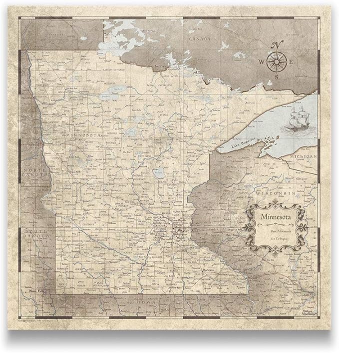 Push Pin Minnesota Map Board - With Push Pins to Mark Minnesota Travel - Handmade in Ohio, USA - Design: Rustic Vintage