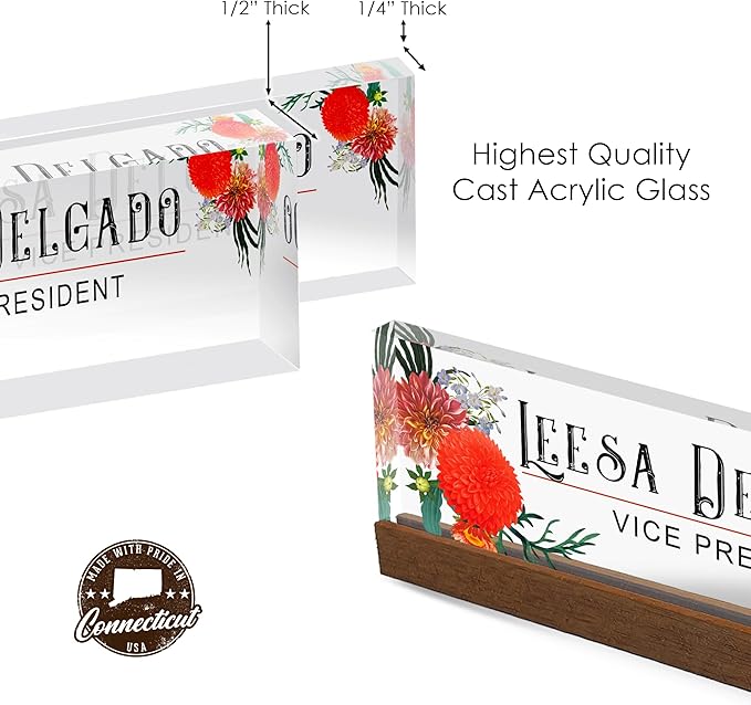 Artblox Office Personalized Name Plate for Desk with Business Card Holder On Clear Acrylic Glass Autumn Flowers Design Custom Desk Name Plate with Your Name and Credentials Customized Gift