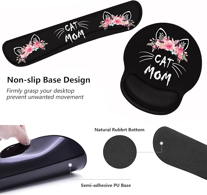 Keyboard Wrist Rest and Mouse Pad Wrist Support Set with Coasters, Non-Slip PU Base Ergonomic Gaming Mousepad for Home Office Working Studying Easy Typing & Pain Relief, Cat Mom Floral