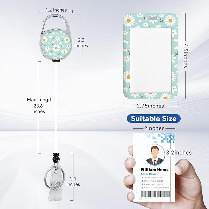 2 Pack Flower ID Badge Holder with Heavy Duty Retractable Reel Keychain for WomenStudents,Teachers, Nurses, Office Use