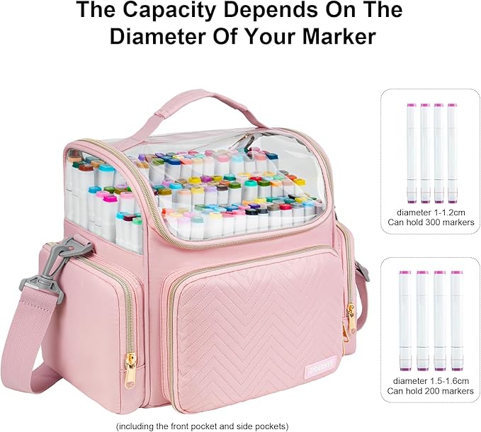 Large Marker Organizer Case for 200-300 Markers,Travel Marker Storage Bag with Dividers and 4 Pockets,Marker Organizer Holder for Paint Brushes,Colored Pencils and Other Art Supplies,Bag Only,Pink