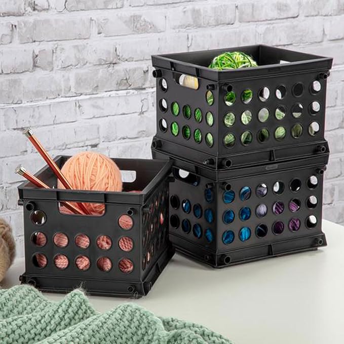 Sterilite Mini Crate, Stackable Plastic Storage Bin with Handles, Organize Home, Garage, Office, School, Dorm Room, Black, 12-Pack