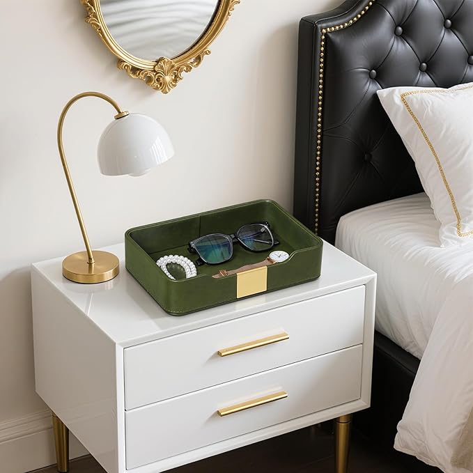 10.2" x 6.7" Nightstand Organizer Tray with Gold Accent, Decorative Valet Trays Cologne Organizer for Men, Key Bowl Perfume Trinket Tray for Dresser Bedside Entryway Table (Dark Green)