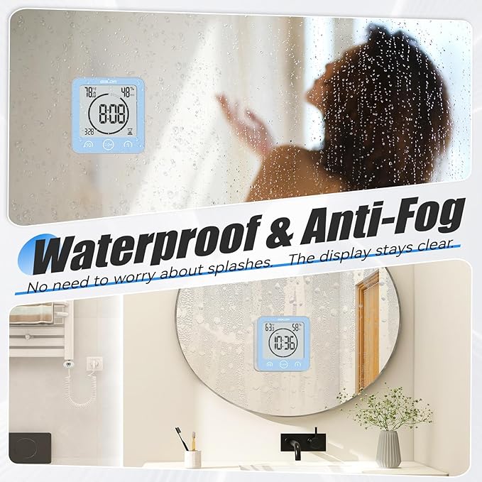 Baldr Shower Clock Waterproof Bathroom Clock with Timer/Temperature/Humidity, Digital Timers for Kids and Adults, Bath Kitchen Study, Blue