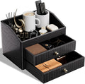 Office Supplies,Black Vegan Leather Office Organization with 2 Drawers & Tray,Glasses Holder with Gold-Tone Metal Accents Knob for End Tables,Bedside Table,Bedroom