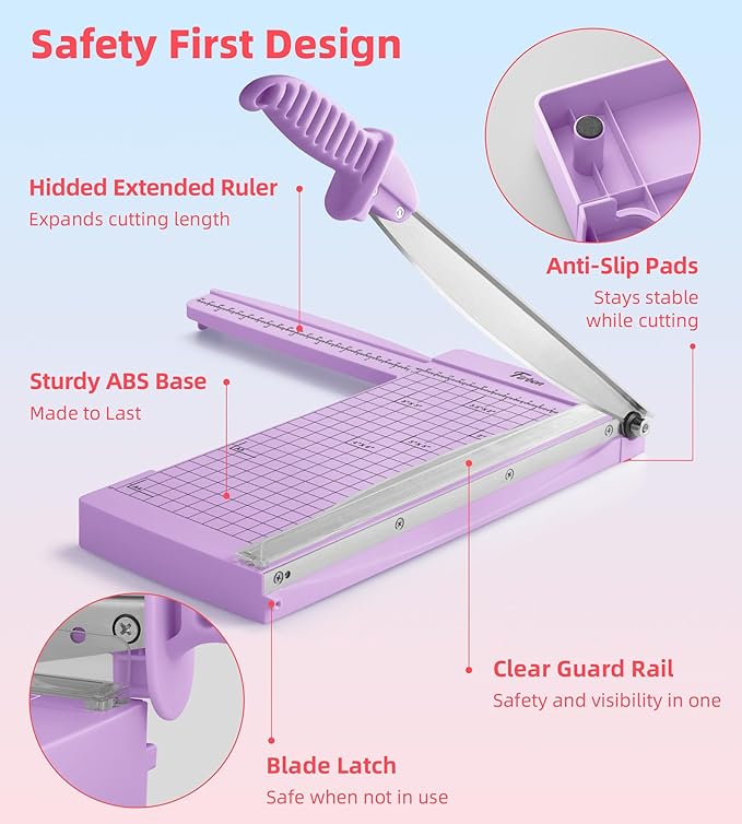 Firbon 12" Guillotine Paper Cutter with Hidden Ruler, Compact Heavy Duty 12-Sheet Capacity Trimmer for Cardstock, Photos, Scrapbooking, Office, Classroom, Studio (Purple)