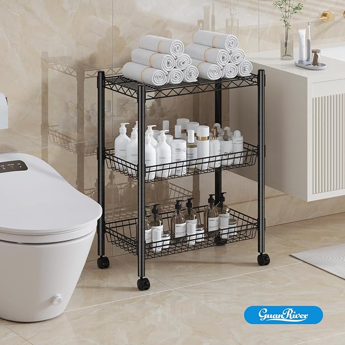 3 Tier Rolling Cart Service Cart Wire Basket Shelf Storage Trolley Shelf 2 Bottoms for Choose(Castor or Leveling Feet) for Office,Kitchen,Black(23.23" L x 13.11" W x 32.28" H)