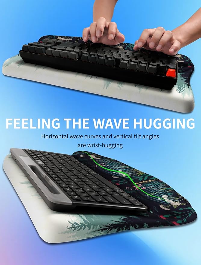 Ergonomic Wave Wrist Rest with Keyboard Stand, Cushioned Palm Rest, Comfortable Integrated Memory Foam for Natural Typing and Relieve Wrist Pain, Flower Sea Forest