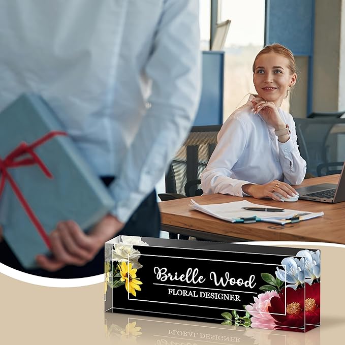 Personalized Name Plate for Desk, Custom Acrylic Desk Name Sign, Office Appreciation Gifts for Women Men Coworkers Boss Teacher Employee (Flower)