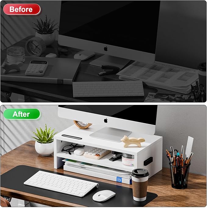 Marbrasse Monitor Stand Riser, 16.5 Inch 2 Tier Computer Printer Shelf Stand for Laptop Computer Screen Storage, Desktop Stand with Phone Holder and Cable Management (White)