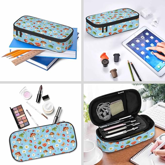 Mushrooms Pencil Case Organizer Butterfly Strawberry Summer Flowers Berries Stationery Box Makeup Colleague Office Supply for Adults Men Women