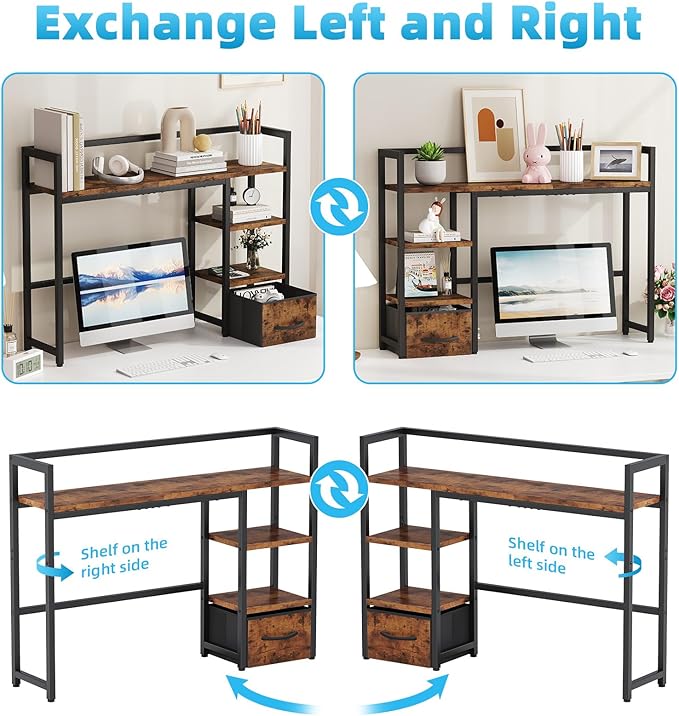 Marbrasse Desk Shelf with Drawer, 40" Desk Hutch for Computer Monitor, Wooden Desktop Bookshelf Storage Rack for Home Office Dorm - Dark Brown