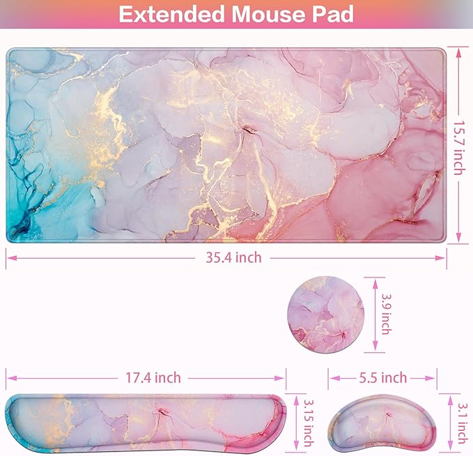 Mouse Pad Pink, Mouse Pad with Wrist Rest, 4-in-1 XXL Extended Large Desk Mat +Mousepad with Gel Wrist Support+Keyboard Wrist Rest+Coaster,Ergonomic Desk Pad for Study Gaming Home Office Computer