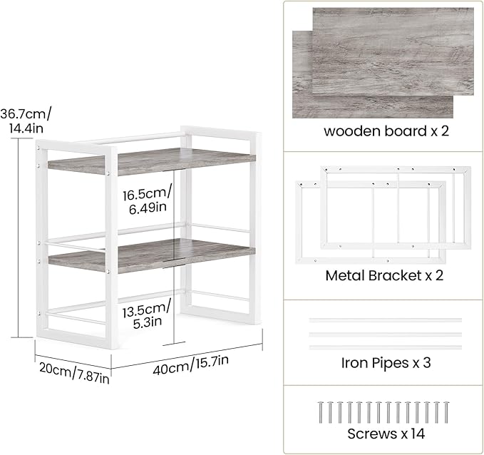 Office Desk Shelf Organizer, Wood Desktop Bookshelf Supplies Storage Rack, Shelf for Top of Desk and Dresser (Grey-2 Tier)