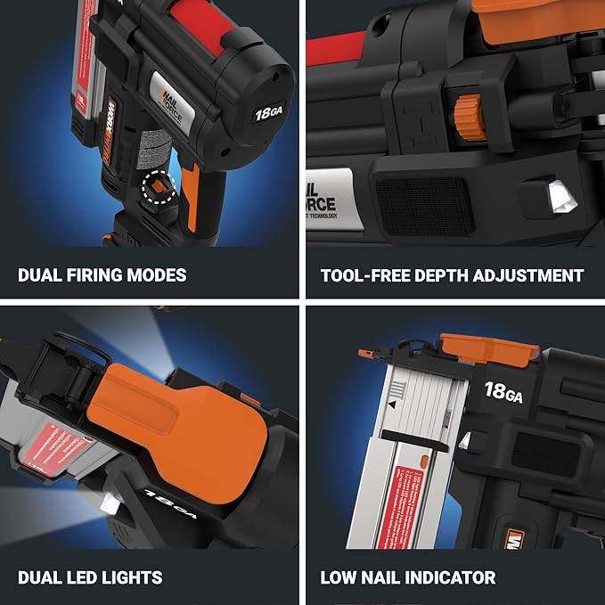 Worx Nitro 20V 18GA Cordless Brad Nailer, Cordless Nail Gun, Nail Gun Battery Powered, Up to 2 Inch, Tool-Free Jam Release, Trimming & Molding, Baseboard WX842L PowerShare – Battery, Charger Included
