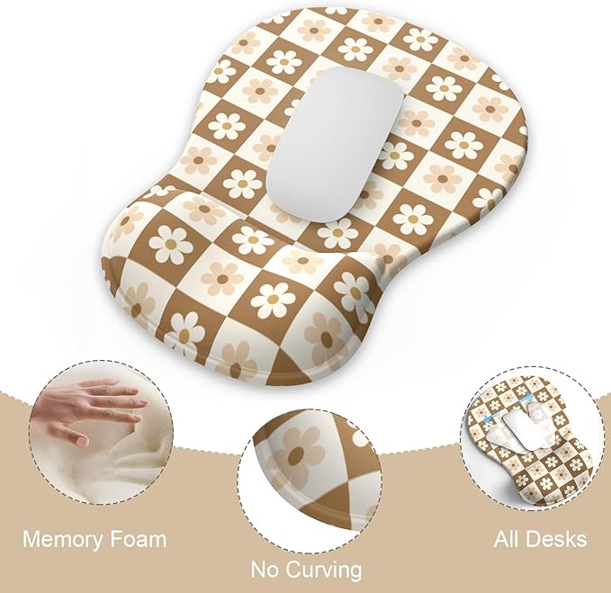 Mouse Pad with Wrist Rest, 3-in-1 Premium Lycra Fabric Memory Foam Ergonomic Wrist Support for Keyboard, Laptop & Desktop, Pain Relief Mousepad with Non-Slip PU Base for Office & Home (Flower Plaid)