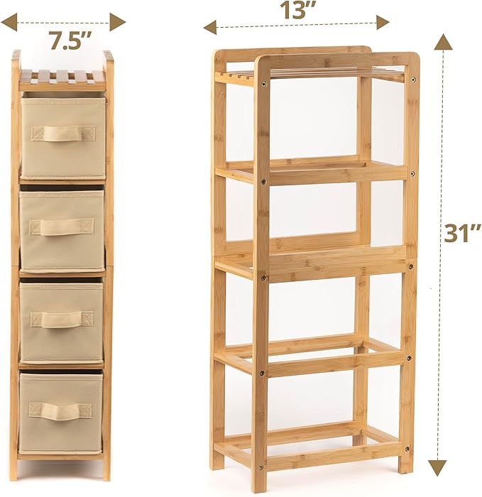 HH DESIGNS Wooden Narrow Dresser- Skinny with 4 Fabric Drawers- Slim for Small Spaces- Vertical Bamboo Storage- Skinny for Bedroom, Living Room, Laundry Room