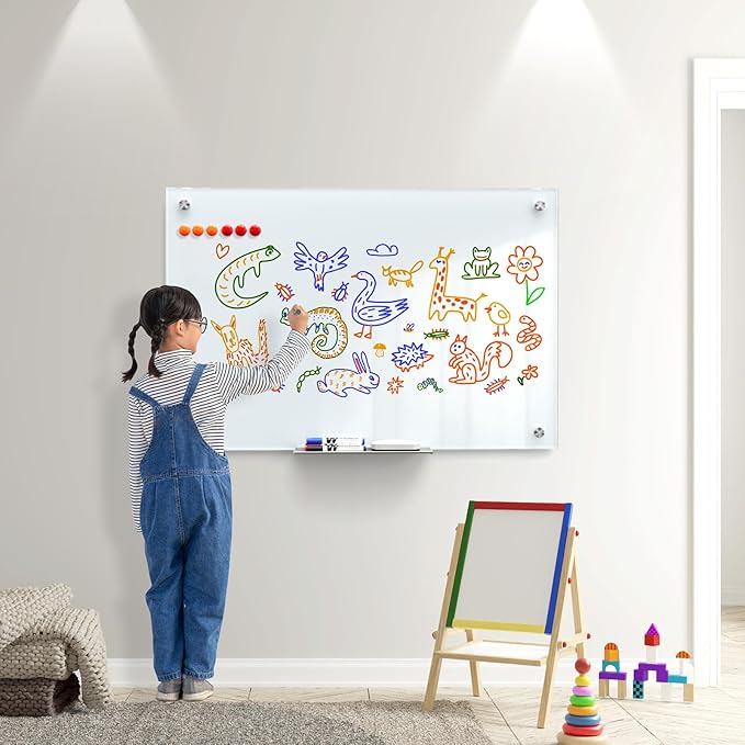 MaxGear Glass Whiteboard Wall Mounted, Frameless Magnetic Dry Erase Board, Tempered Glass, Steel-Backed, Non-Porous Smooth Surface, Floating Design, Accessories Included, for Office Home Classroom