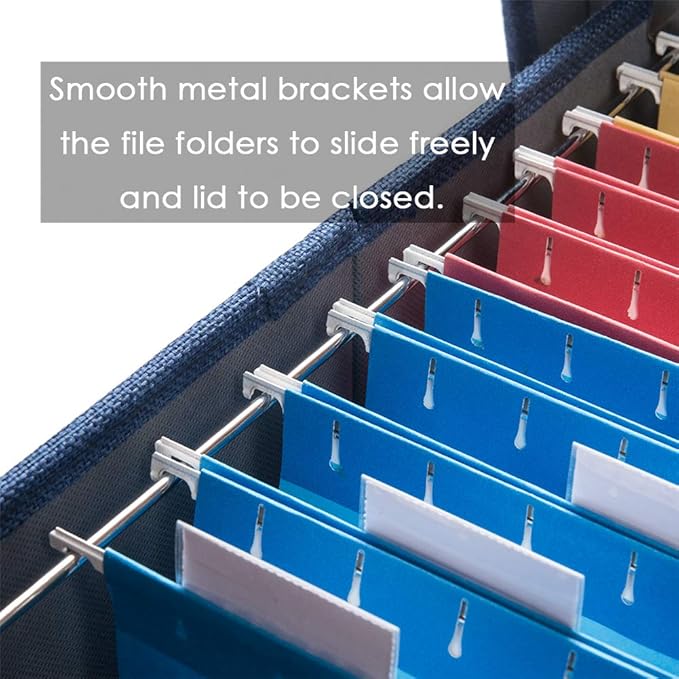 PRANDOM File Organizer Box - Set of 4 Collapsible Decorative Linen Filing Storage Hanging File Folders with Lids Office Cabinet Letter Size Navy Blue (14x9.3x10.8 inch)