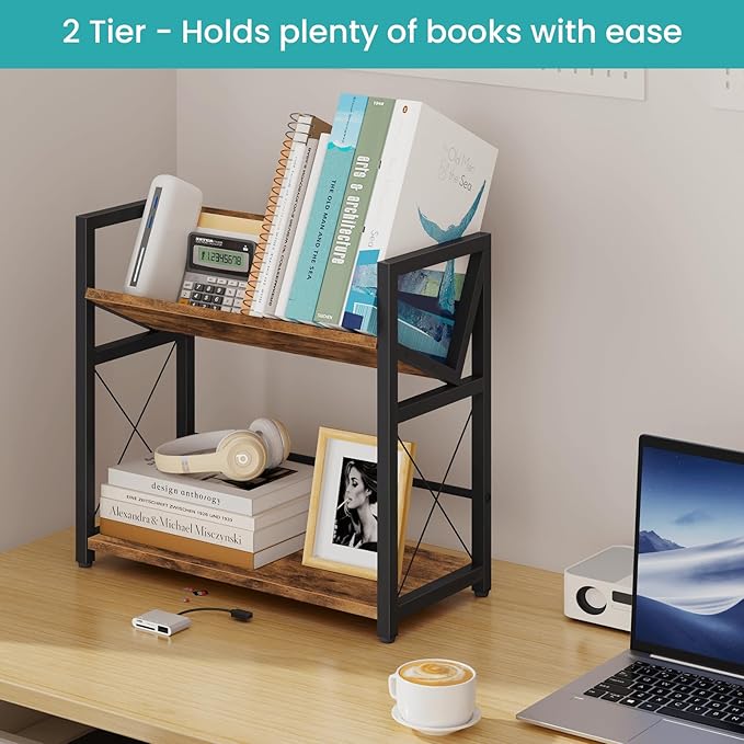 ELITEROO Desktop Bookshelf, 2 Tier Desk Shelf Organizer, Wooden Tabletop Bookcase, Small Desk Top Book Rack for Office, Home, Bedroom, Small Space Storage and Display, Rustic Brown