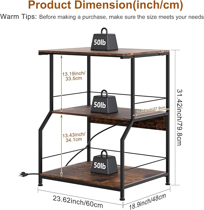 23.62 x 18.9” Large Printer Stand with Locking Wheels, 3 Tier Printer Table with Storage, Rolling Cart Station for Home Office Kitchen, Rustic Brown