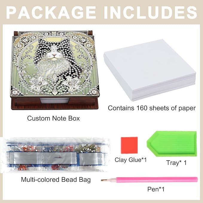 Wooden DIY Black White Cat Diamond Art Notecard Box – DIY Gem Art Sticky Note Holder for Adults 160 Sheets Memo Pad Storage