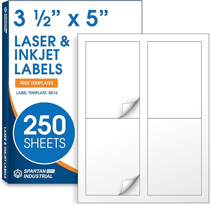 3 1/2" X 5" Matte White Printable Labels for Inkjet and Laser Printers - 250 Sheets, 1000 Custom Stickers for Shipping Labels, Address Stickers, Organization - Spartan Industrial Template R016