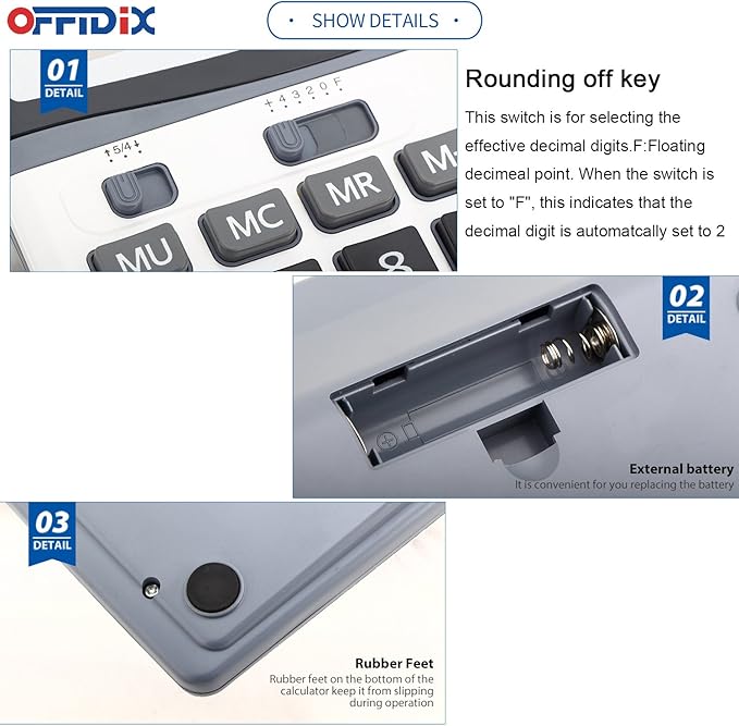 OFFIDIX Large Key Dual Power Electronic Calculator, Portable 12 Digit Large LCD Display Desk Calculator for Daily and Basic Office