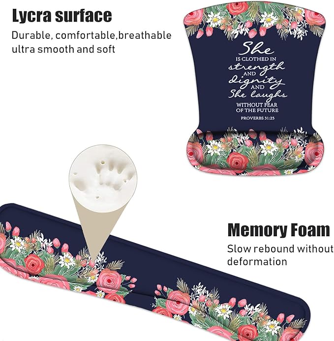 Keyboard Wrist Rest and Mouse Pad Wrist Support Set with Coasters, Floral Quote Bible Verses Proverbs 31:25 Design Wrist Mouse Pad with Non-Slip PU Base for Home Office Working Studying
