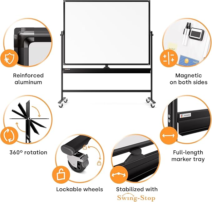 Rolling Dry Erase Board 60 x 46 - Large Portable Magnetic Whiteboard with Stand - Double Sided Easel Style with Wheels - Mobile Standing Whiteboard for Office, Classroom & Home