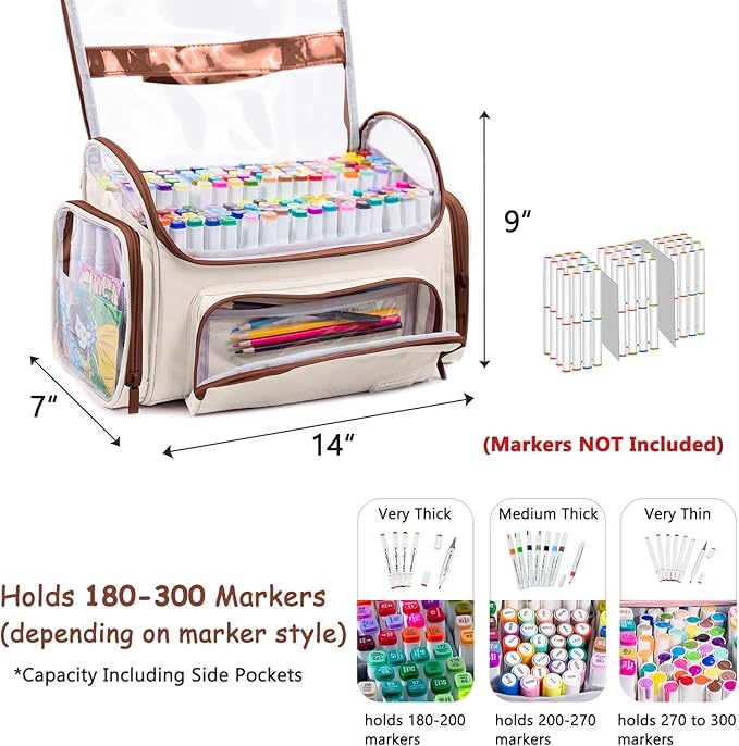 Large Marker Organizer Case Holds 200-300 Markers | Art Marker Storage Bag with Removable Dividers & Clear Top for Artists, Crafters & Travel - Pen, Pencil Alcohol Marker Holder - Art Supply
