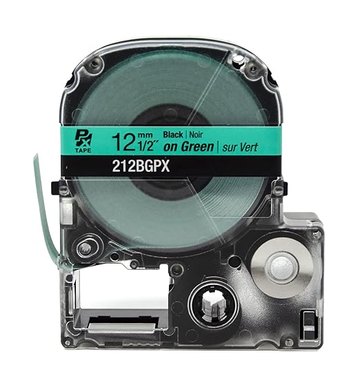Epson LABELWORKS 212BGPX Genuine PET (Polyester) Tape Cartridge - Black on Green Label Maker Tape - 1/2" (12MM) Wide, 30'