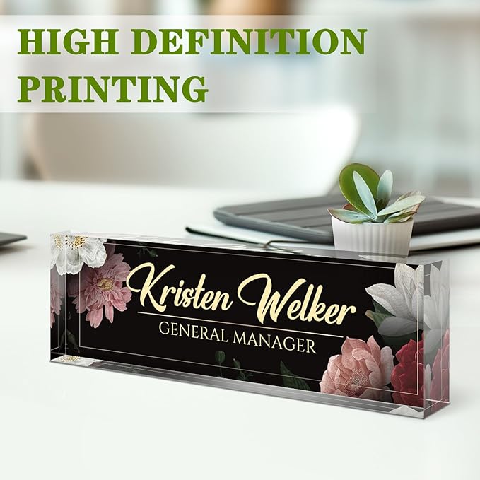Name Plate for Desk, Desk Name Plate Personalized, Office Decor for Women Men, Acrylic Desktop Accessories, Office Appreciation Gifts for Boss Social Workers Nurse Teacher Employee (Black/Flowers)