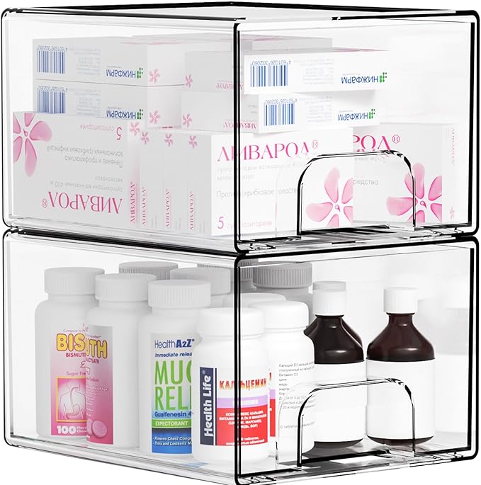 4.4" Tall Small Clear Acrylic Stackable Storage Drawers for Vanity,Under Sink,Bathroom Closet,Medicine Cabinet Organization and Plastic Storage Bins for Organizing Makeup,Baby Bottles,Pacifier,2 PCS