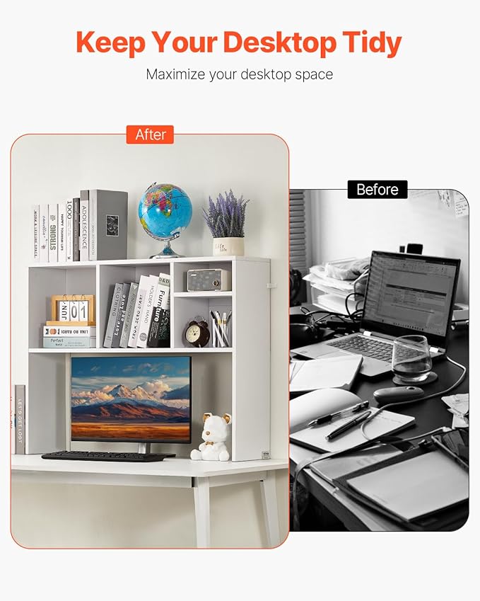 VEVOR Desktop Bookshelf, Storage Organizer with 5 Shelves for Computer Desk, Wooden Shelf Desk Hutch with Anti-Slip Feet Pads, Desk Top Display Rack for Office, Home & Dorm, White