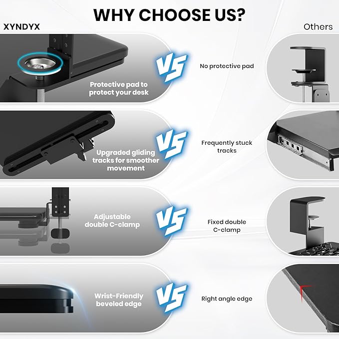 Keyboard Tray Under Desk, Pull Out Keyboard & Mouse Tray with Adjustable C-clamp, 25.6(31.5 Including Clamps) x 11.8 Inch Slide Out Computer Keyboard Drawer Mouse Tray for Typing, Black