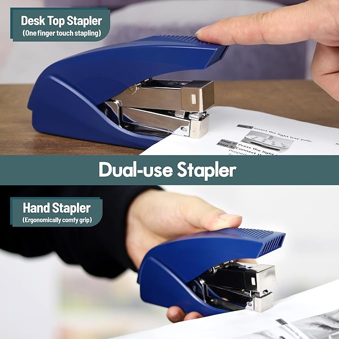 AFMAT Effortless Stapler for Desk, 50 Sheet Capacity, Low Force, Built-in Staple Remover, One Finger Touch Stapling Desktop Stapler, Portable & Space Save Size, Good for Home & Office ES10(Blue)