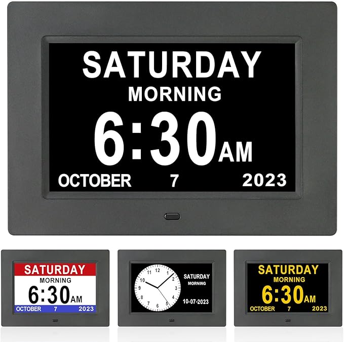 Dementia Clock for Seniors Digital Clock Large Display with Day & Date-12Alarms 3 Colors Display for Elderly with Memory Loss, Alzheimer's, Vision Impaired (7'' Black)
