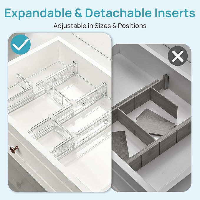 Vtopmart 2.36” Drawer Dividers with Expandable Inserts, 12.8"-22.3" Adjustable Kitchen Drawer Organizer, Clear Plastic Organizer Separator for Flatware, Utensil, Cutlery, 4 Dividers with 6 Inserts
