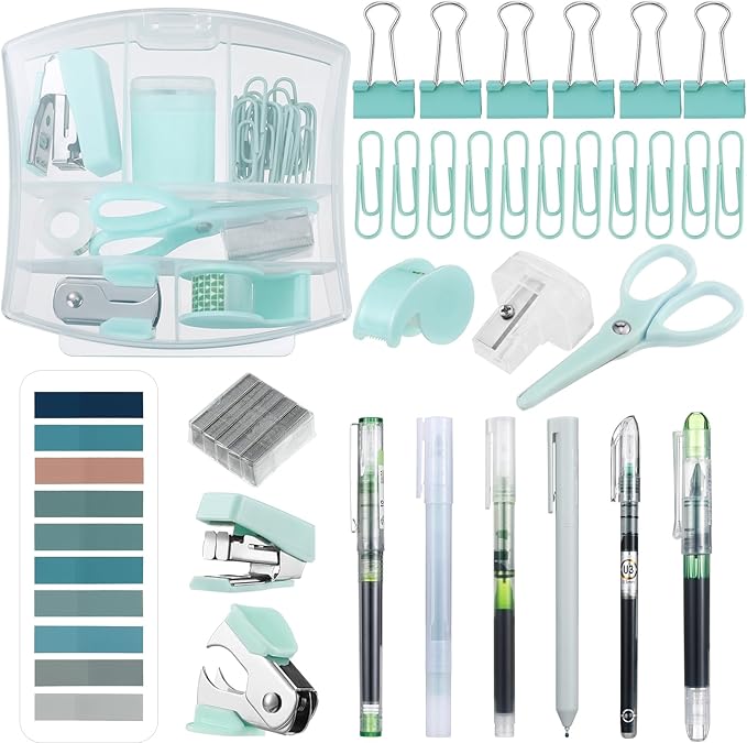 Colarr Mini Office Supply Kit Includes Stapler Tape Dispenser Staple Remover Paper Clips Scissor Staples Pen Sharpener Note Small Telescopic Knife for Office and School Clerk Student (Green)
