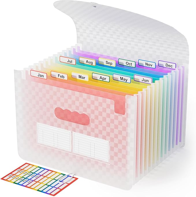 ABC life 12 Pockets Accordion File Organizer Expanding File Folders, Portable Monthly Bill Receipt Document Organiser, Expandable Accordian Filing Folder Letter A4 Size, Colored Tabs (Pink)