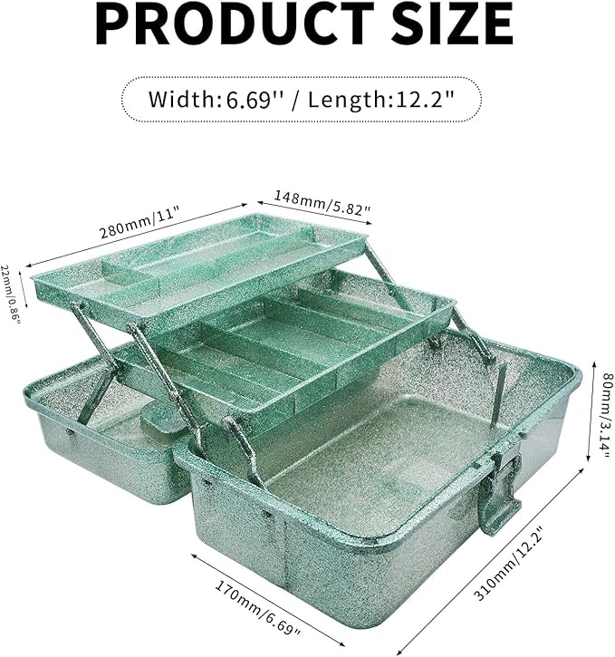 12.2inch 3-Layer Art & Craft Storage Box, Beautiful Sewing Supplies Organizer, Plastic Portable Tackle Boxes, Multipurpose Container for Art Supply Cosmetics Hair Accessories Painting Tools (Green)