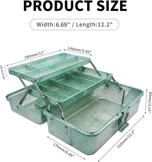 12.2inch 3-Layer Art & Craft Storage Box, Beautiful Sewing Supplies Organizer, Plastic Portable Tackle Boxes, Multipurpose Container for Art Supply Cosmetics Hair Accessories Painting Tools (Green)